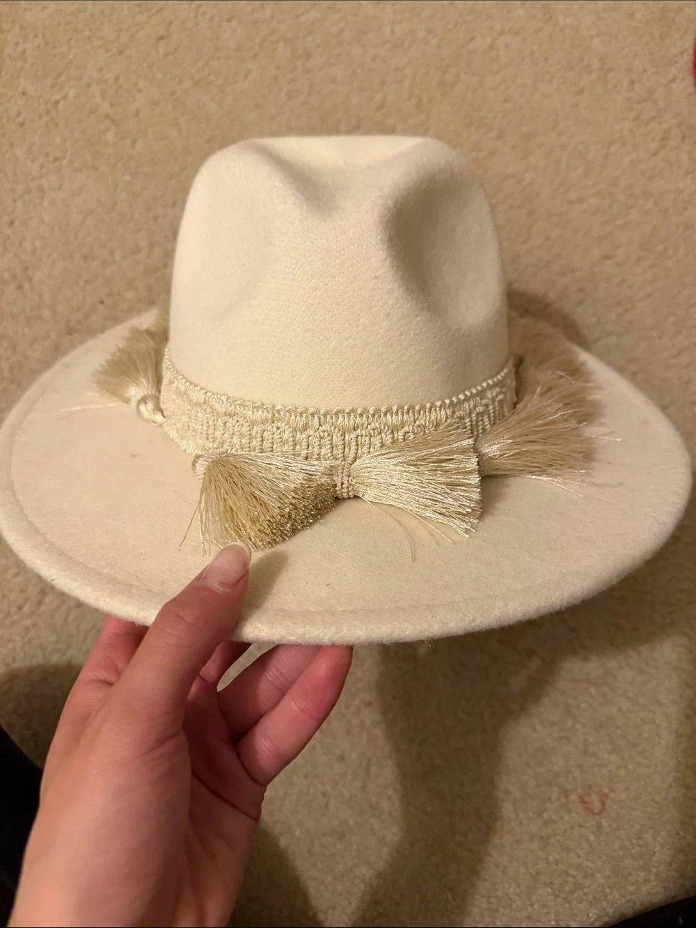 Women's Cream Tassel Trim Wool Fedora Rancher Hat